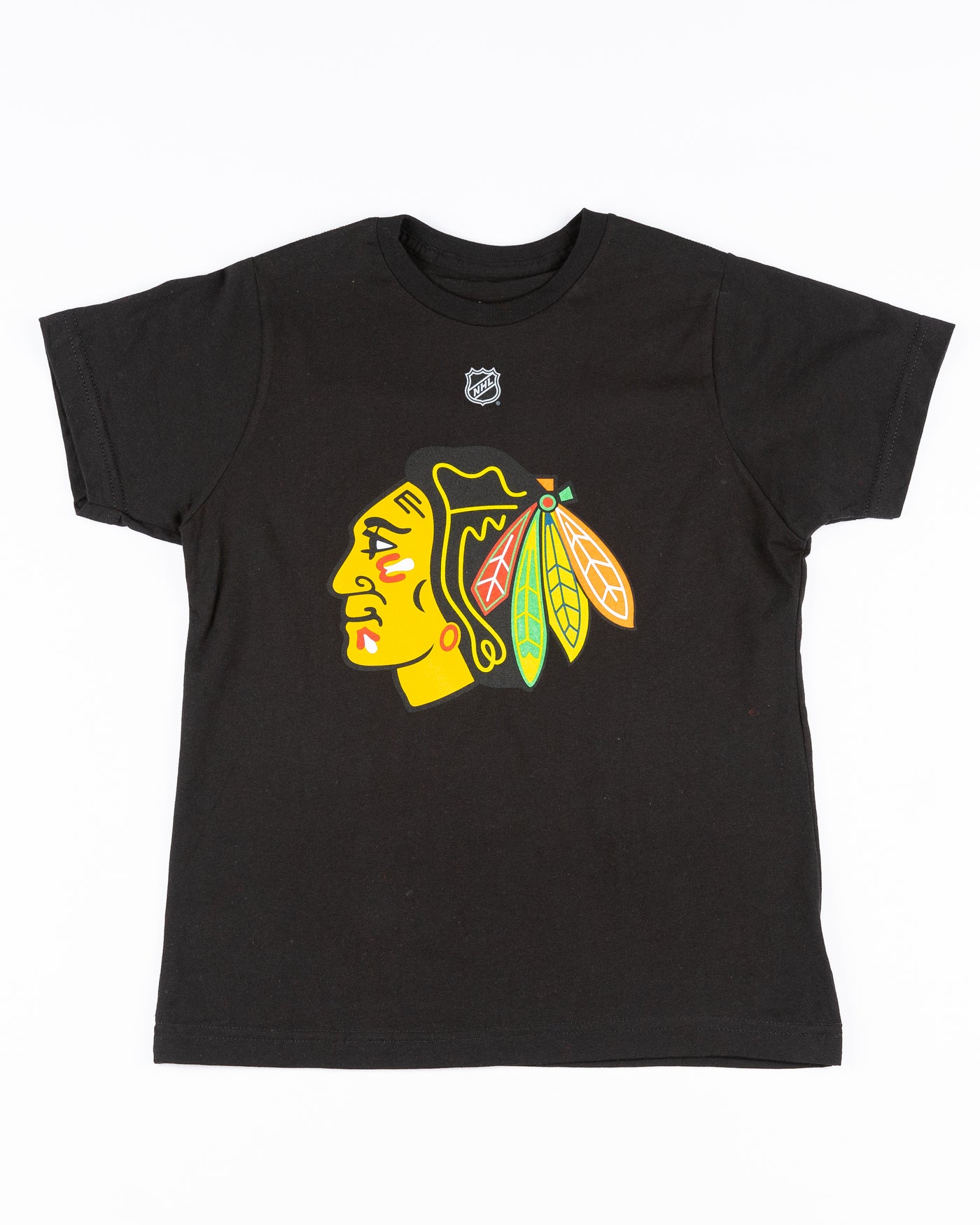 black Chicago Blackhawks youth tee with Connor Bedard name and number - front lay flat