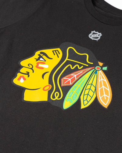 black Chicago Blackhawks youth tee with Connor Bedard name and number - front detail lay flat