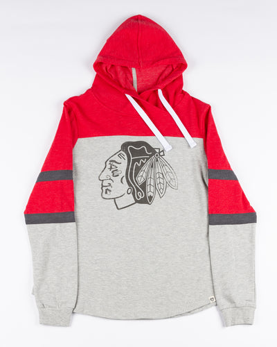 red and grey ladies Colosseum hoodie with Chicago Blackhawks primary logo across front - front lay flat