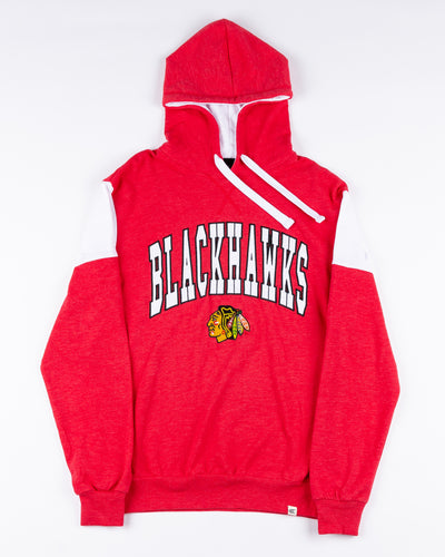 red and white Colosseum hoodie with Chicago Blackhawks wordmark and primary logo embroidered on front - front lay flat