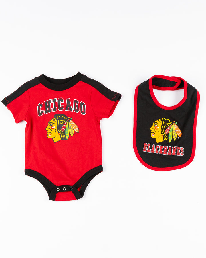 red and black Colosseum infant onesie and bib set - front lay flat