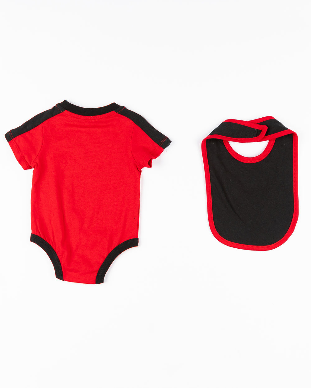 red and black Colosseum infant onesie and bib set - back lay flat