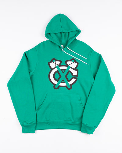 kelly green Saint Patrick's Day hoodie with Chicago Blackhawks secondary logo printed on front - front lay flat