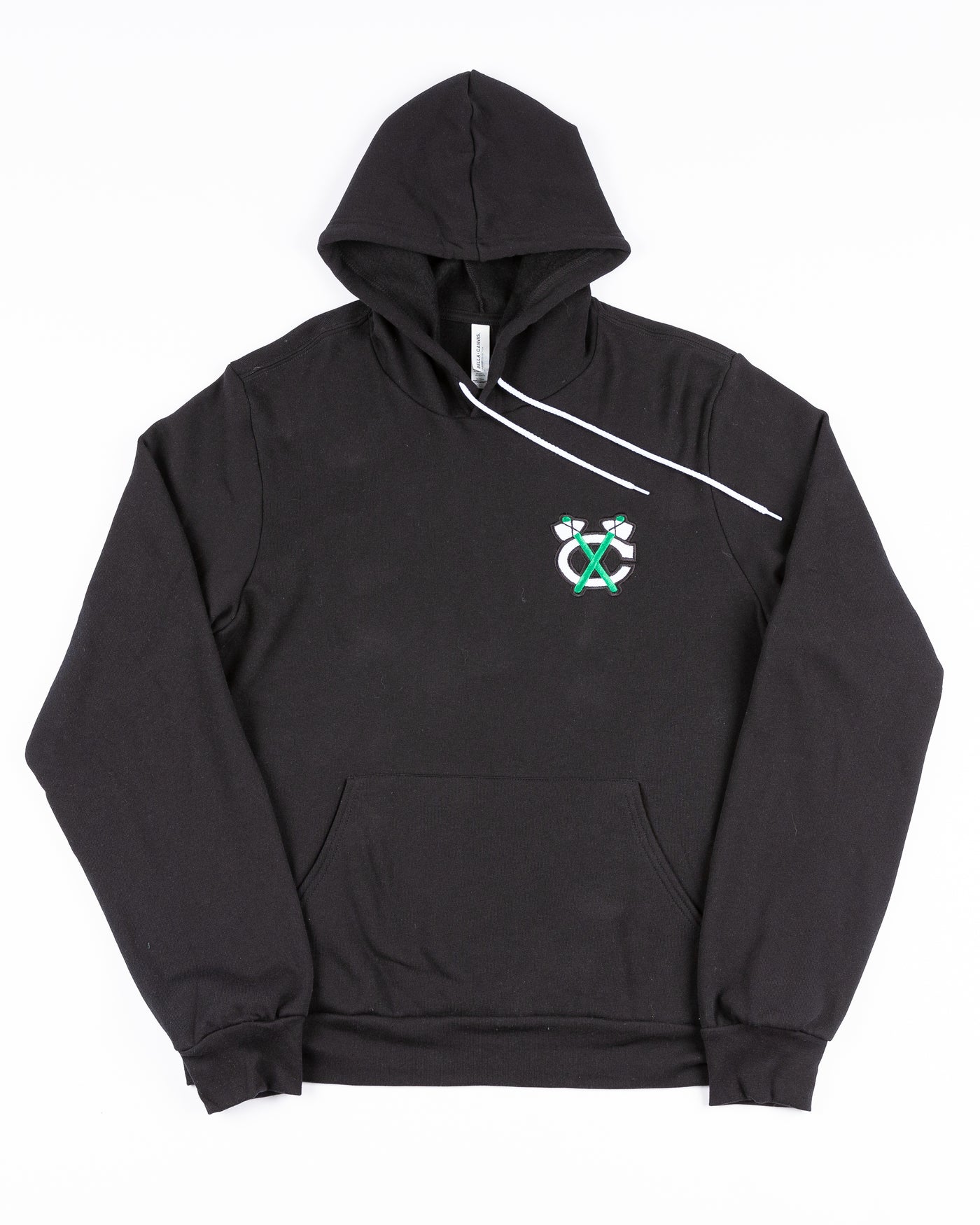 black Saint Patrick's day hoodie with Chicago Blackhawks secondary logo embroidered on left chest - front lay flat