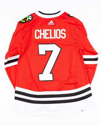 red adidas Chicago Blackhawks jersey with Chris Chelios name and number - back lay flat