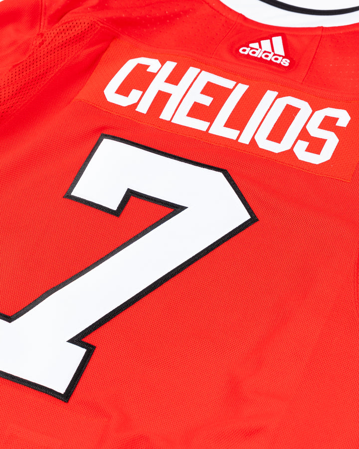 red adidas Chicago Blackhawks jersey with Chris Chelios name and number - back detail  lay flat