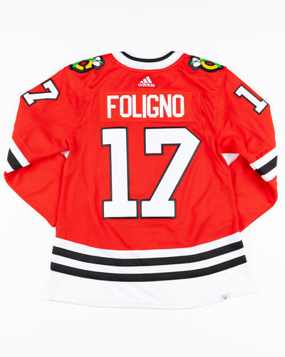 red adidas home Chicago Blackhawks jersey with pro stitched Nick Foligno name and number - back lay flat