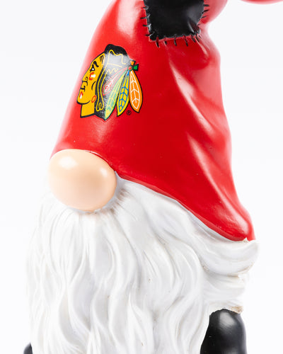 garden gnome with Chicago Blackhawks primary logo - detail lay flat