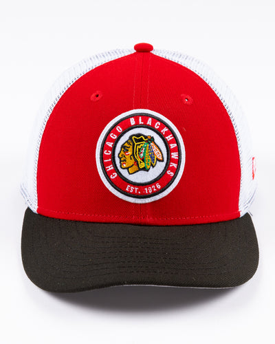 New Era 9FIFTY trucker snapback cap with Chicago Blackhawks throwback logo embroidered on front - front lay flat