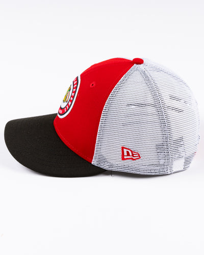 New Era 9FIFTY trucker snapback cap with Chicago Blackhawks throwback logo embroidered on front - left side lay flat