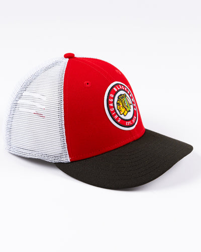 New Era 9FIFTY trucker snapback cap with Chicago Blackhawks throwback logo embroidered on front - right angle lay flat