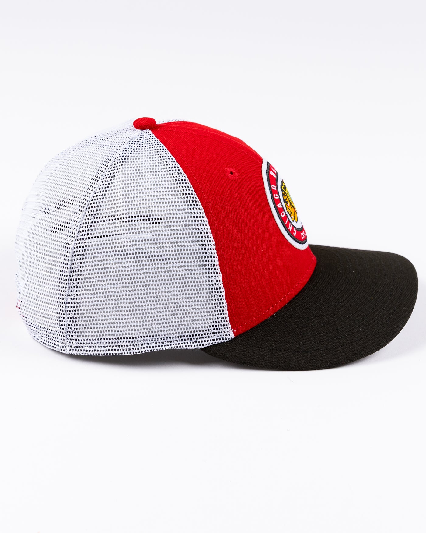 New Era 9FIFTY trucker snapback cap with Chicago Blackhawks throwback logo embroidered on front - right side lay flat