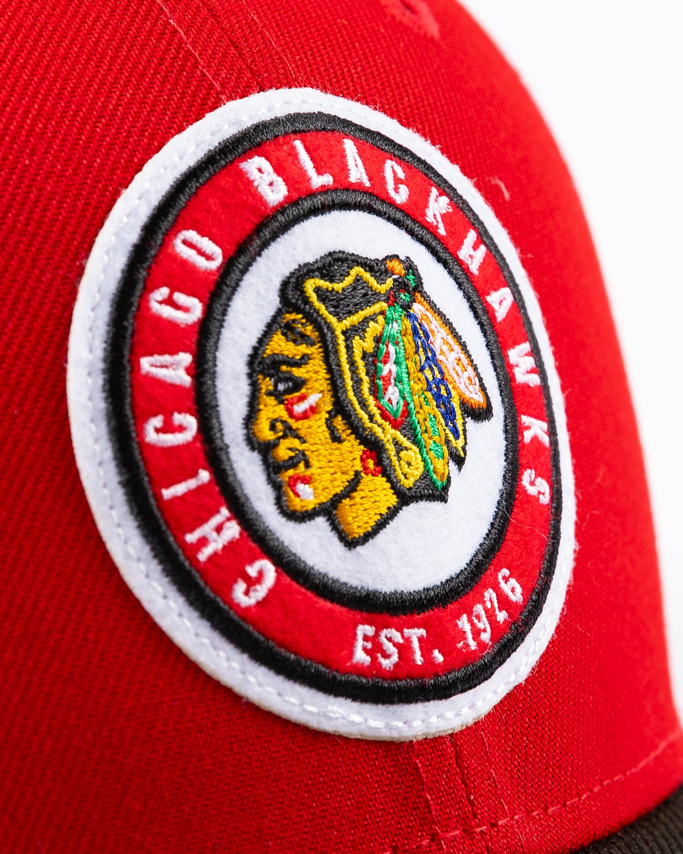 New Era 9FIFTY trucker snapback cap with Chicago Blackhawks throwback logo embroidered on front - detail lay flat