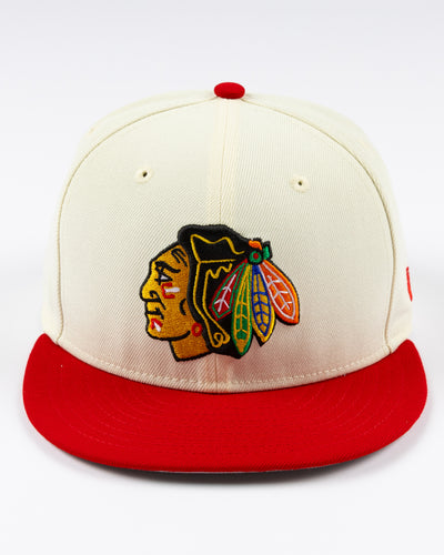 cream and red two tone fitted New Era 59FIFTY cap with embroidered Chicago Blackhawks primary logo on front - front lay flat