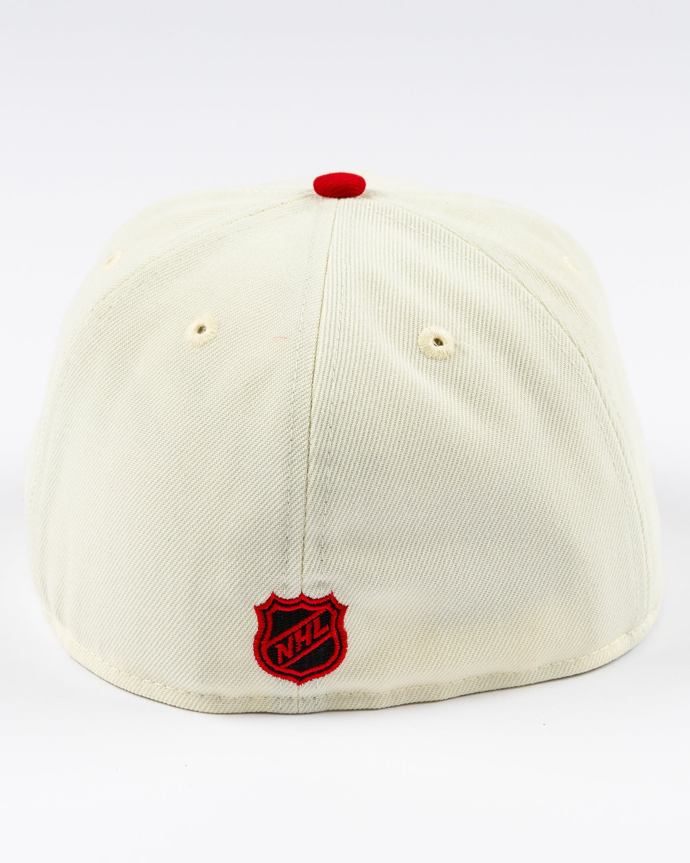cream and red two tone fitted New Era 59FIFTY cap with embroidered Chicago Blackhawks primary logo on front - back lay flat