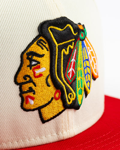 cream and red two tone fitted New Era 59FIFTY cap with embroidered Chicago Blackhawks primary logo on front - detail lay flat