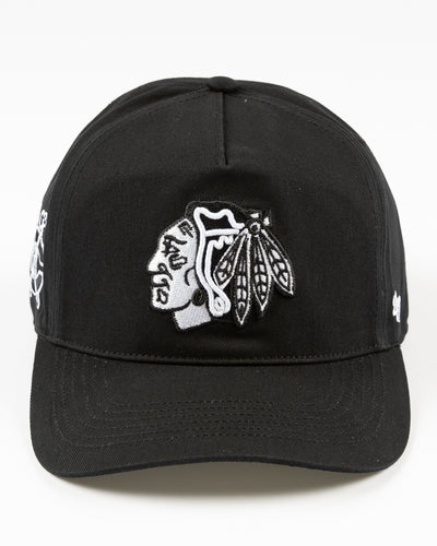'47 black adjustable snapback cap with tonal Chicago Blackhawks primary logo embroidered on front and secondary logo embroidered on right side - front lay flat