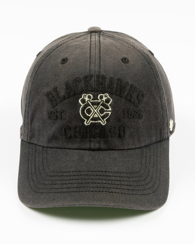 '47 brand washed black adjustable cap with Chicago Blackhawks wordmark and secondary logo embroidered on front - front lay flat