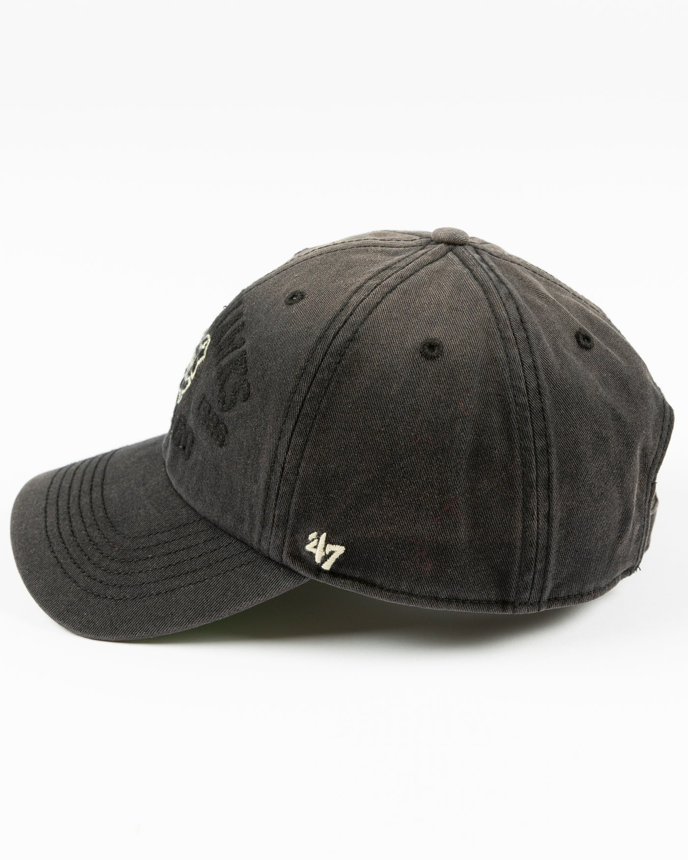 '47 brand washed black adjustable cap with Chicago Blackhawks wordmark and secondary logo embroidered on front - left side lay flat