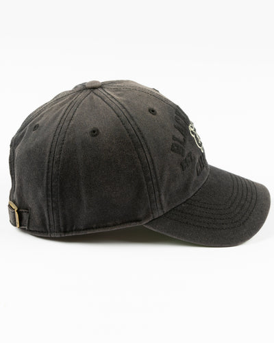 '47 brand washed black adjustable cap with Chicago Blackhawks wordmark and secondary logo embroidered on front - right side lay flat