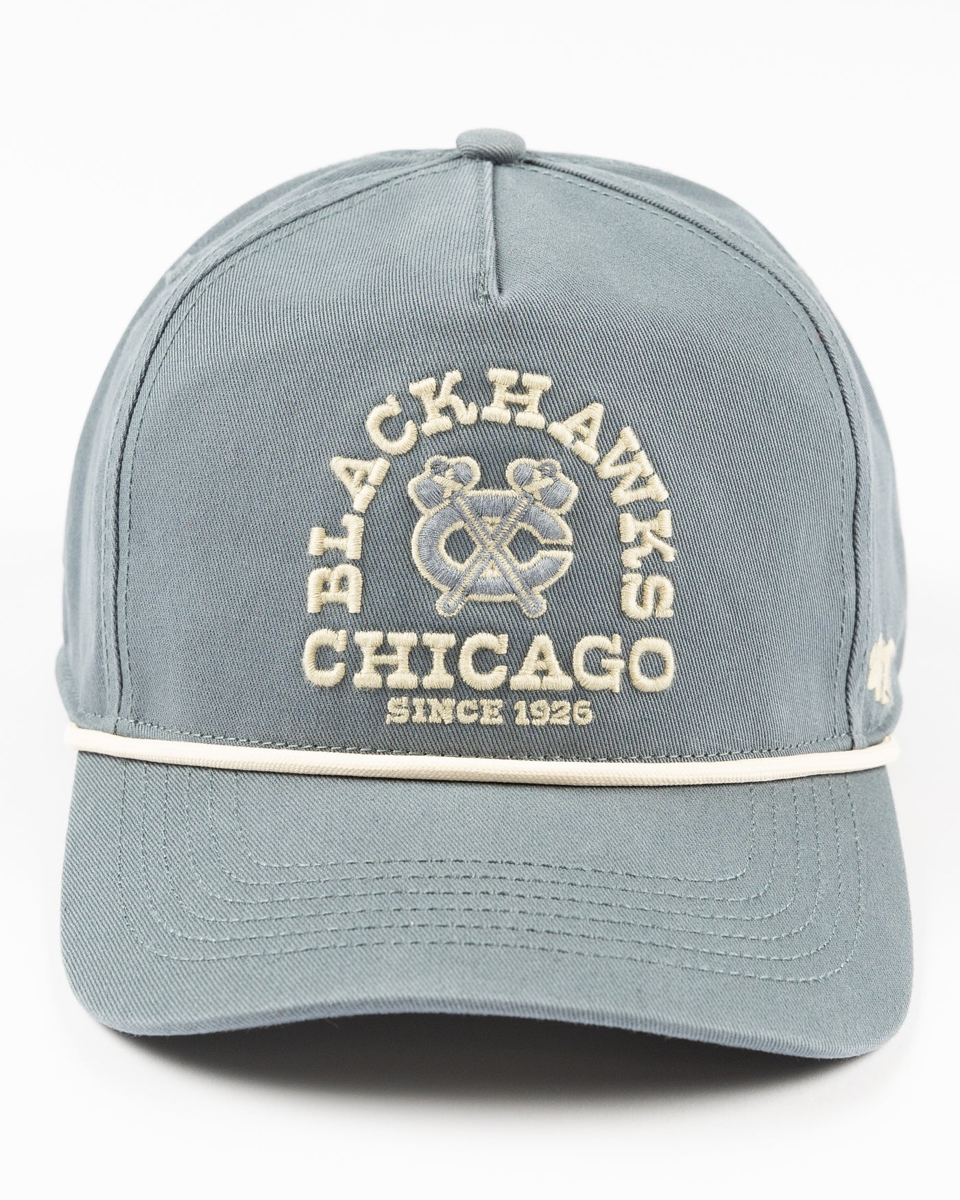 light blue '47 brand rope hat with embroidered Chicago Blackhawks wordmark and secondary logo on front - front lay flat