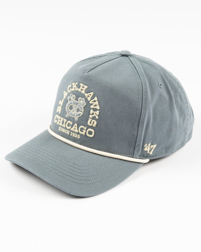 light blue '47 brand rope hat with embroidered Chicago Blackhawks wordmark and secondary logo on front - left angle lay flat