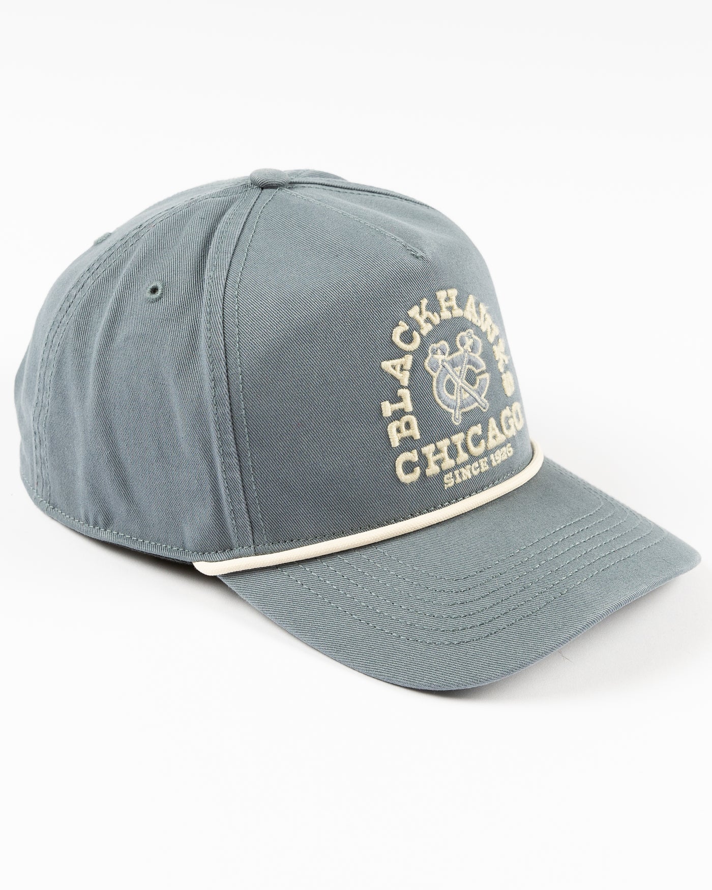light blue '47 brand rope hat with embroidered Chicago Blackhawks wordmark and secondary logo on front - right angle lay flat