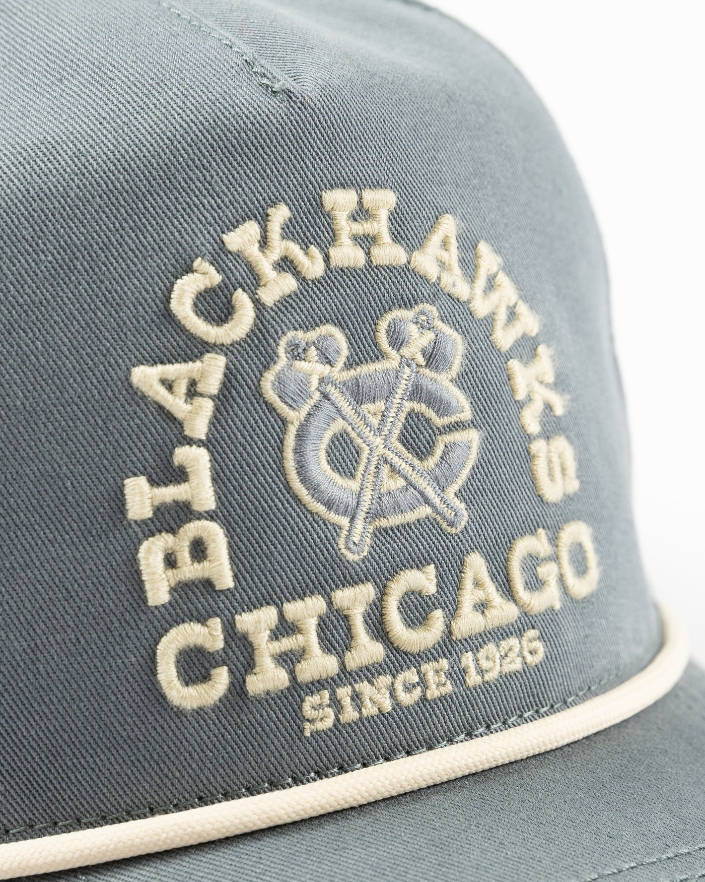light blue '47 brand rope hat with embroidered Chicago Blackhawks wordmark and secondary logo on front - detail lay flat