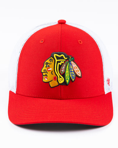 red and white '47 brand trucker cap with Chicago Blackhawks primary logo embroidered on front - front lay flat