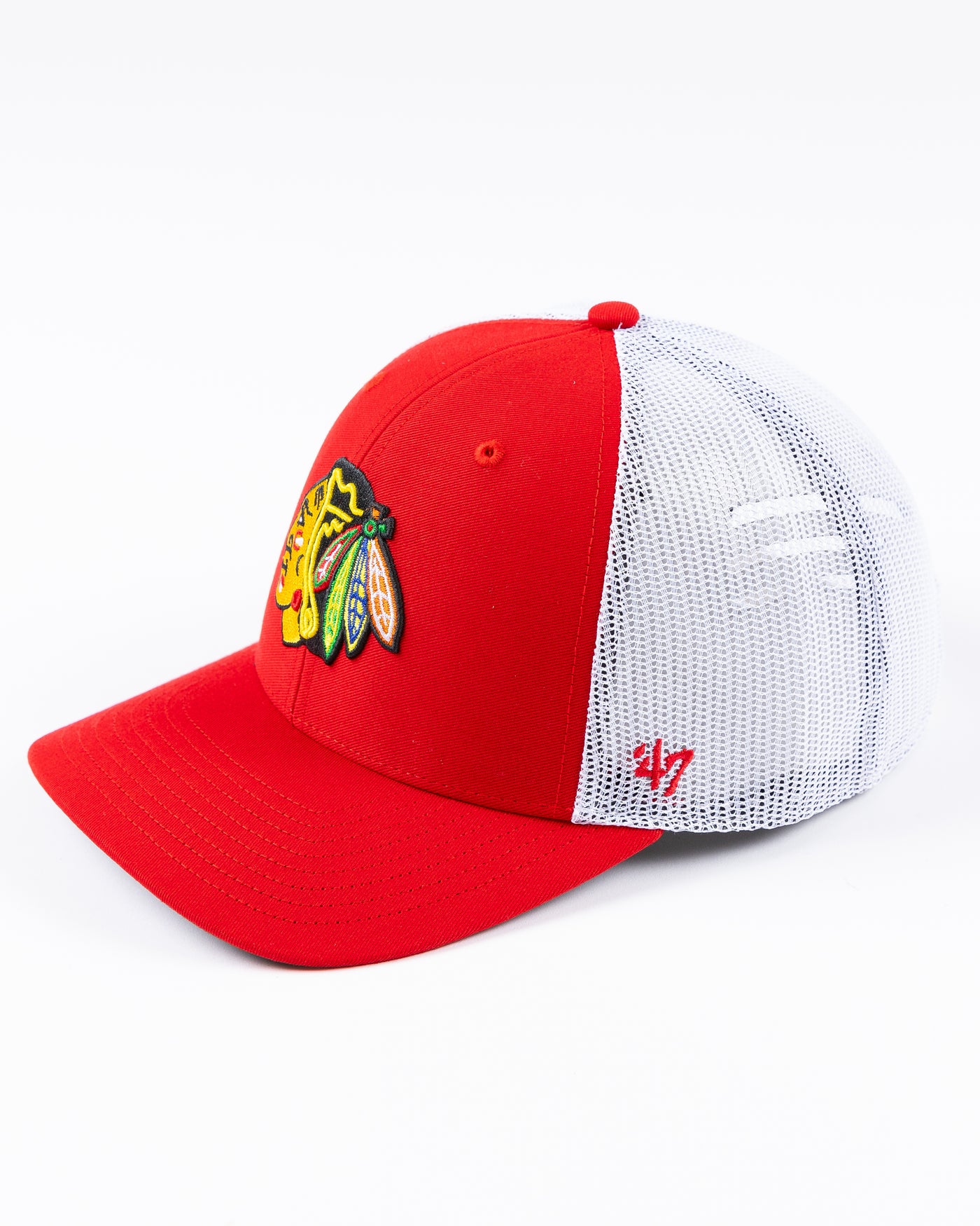 red and white '47 brand trucker cap with Chicago Blackhawks primary logo embroidered on front - left angle lay flat