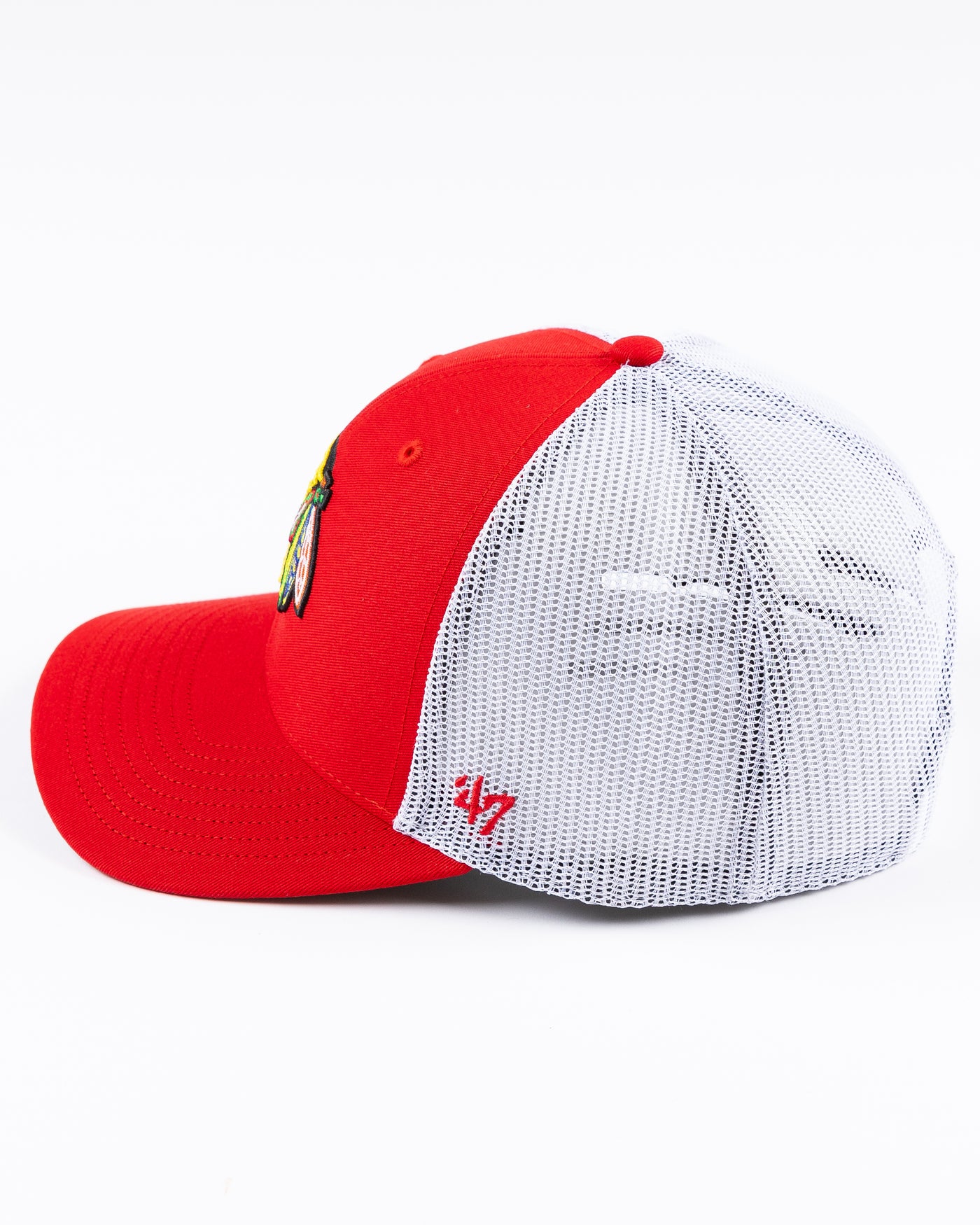 red and white '47 brand trucker cap with Chicago Blackhawks primary logo embroidered on front - left side lay flat