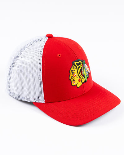 red and white '47 brand trucker cap with Chicago Blackhawks primary logo embroidered on front - right angle lay flat