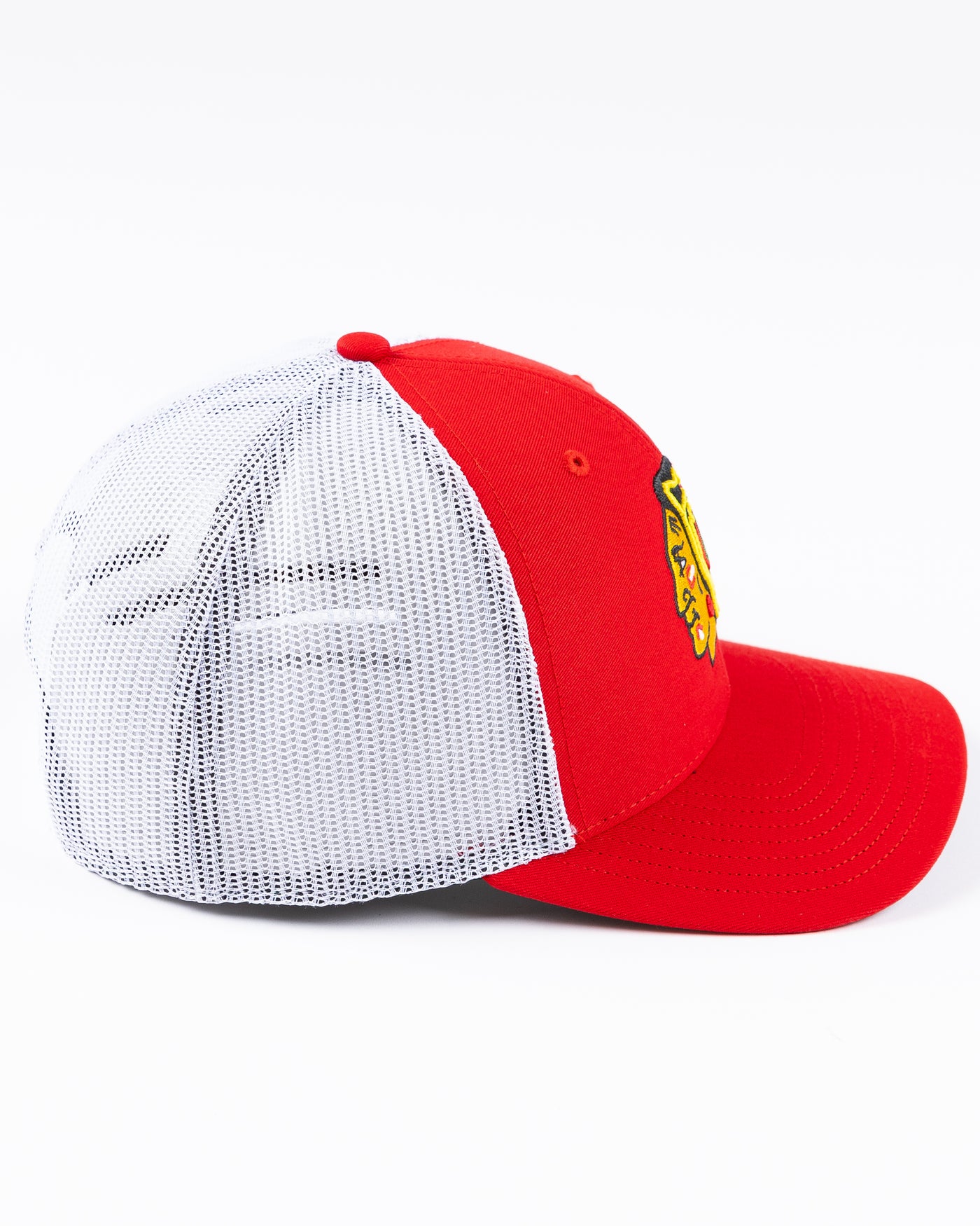 red and white '47 brand trucker cap with Chicago Blackhawks primary logo embroidered on front - right side lay flat