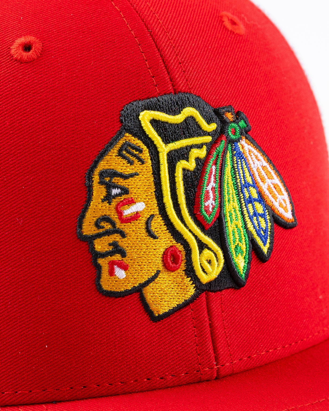 red and white '47 brand trucker cap with Chicago Blackhawks primary logo embroidered on front - detail lay flat