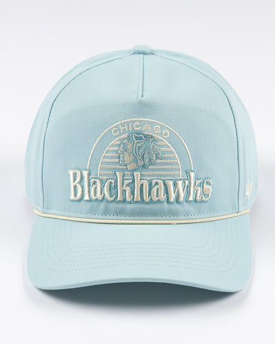 light blue '47 brand rope hat with Chicago Blackhawks wordmark and primary logo embroidered on front - front lay flat
