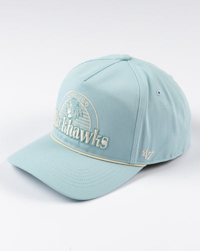 light blue '47 brand rope hat with Chicago Blackhawks wordmark and primary logo embroidered on front - left angle lay flat