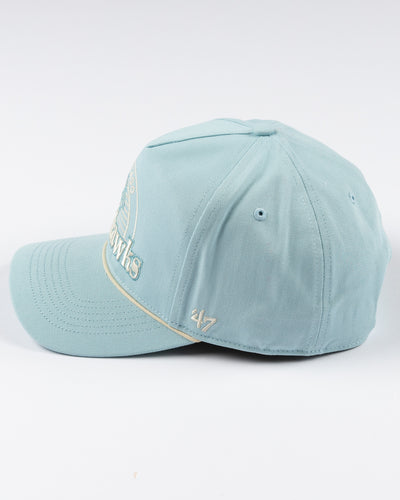 light blue '47 brand rope hat with Chicago Blackhawks wordmark and primary logo embroidered on front - left side lay flat