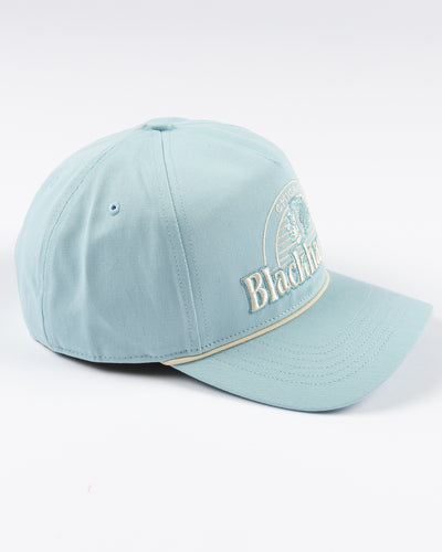 light blue '47 brand rope hat with Chicago Blackhawks wordmark and primary logo embroidered on front - right angle lay flat