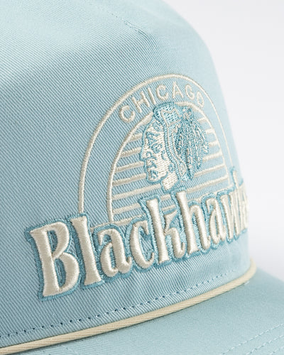 light blue '47 brand rope hat with Chicago Blackhawks wordmark and primary logo embroidered on front - detail lay flat