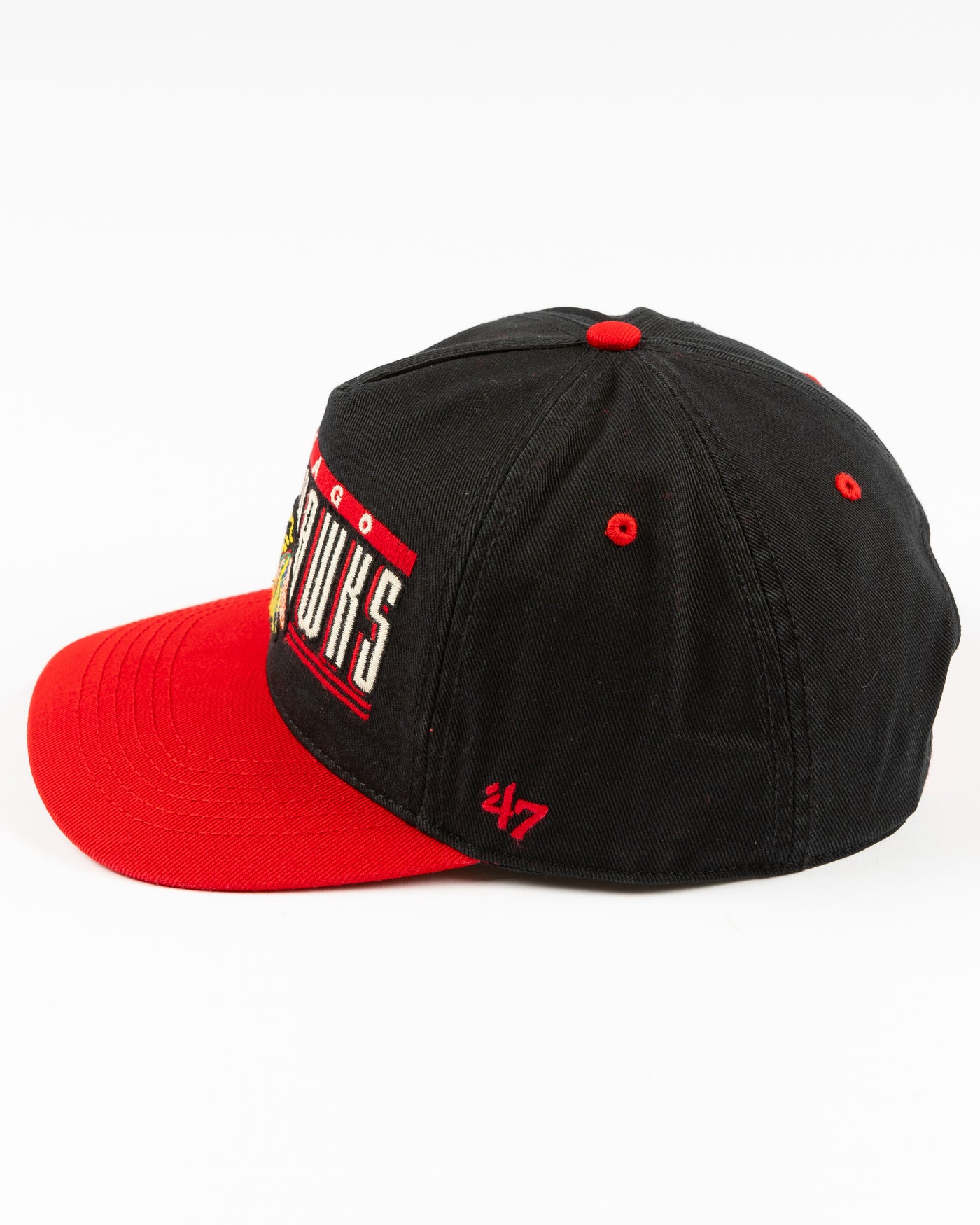 black and red '47 brand snapback hat with Chicago Blackhawks wordmark and primary logo embroidered on the front - left side lay flat
