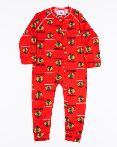 Chicago Blackhawks toddler onesie with all over primary logo print - front lay flat