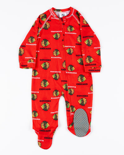 Chicago Blackhawks footed onesie with allover primary logo design - front lay flat