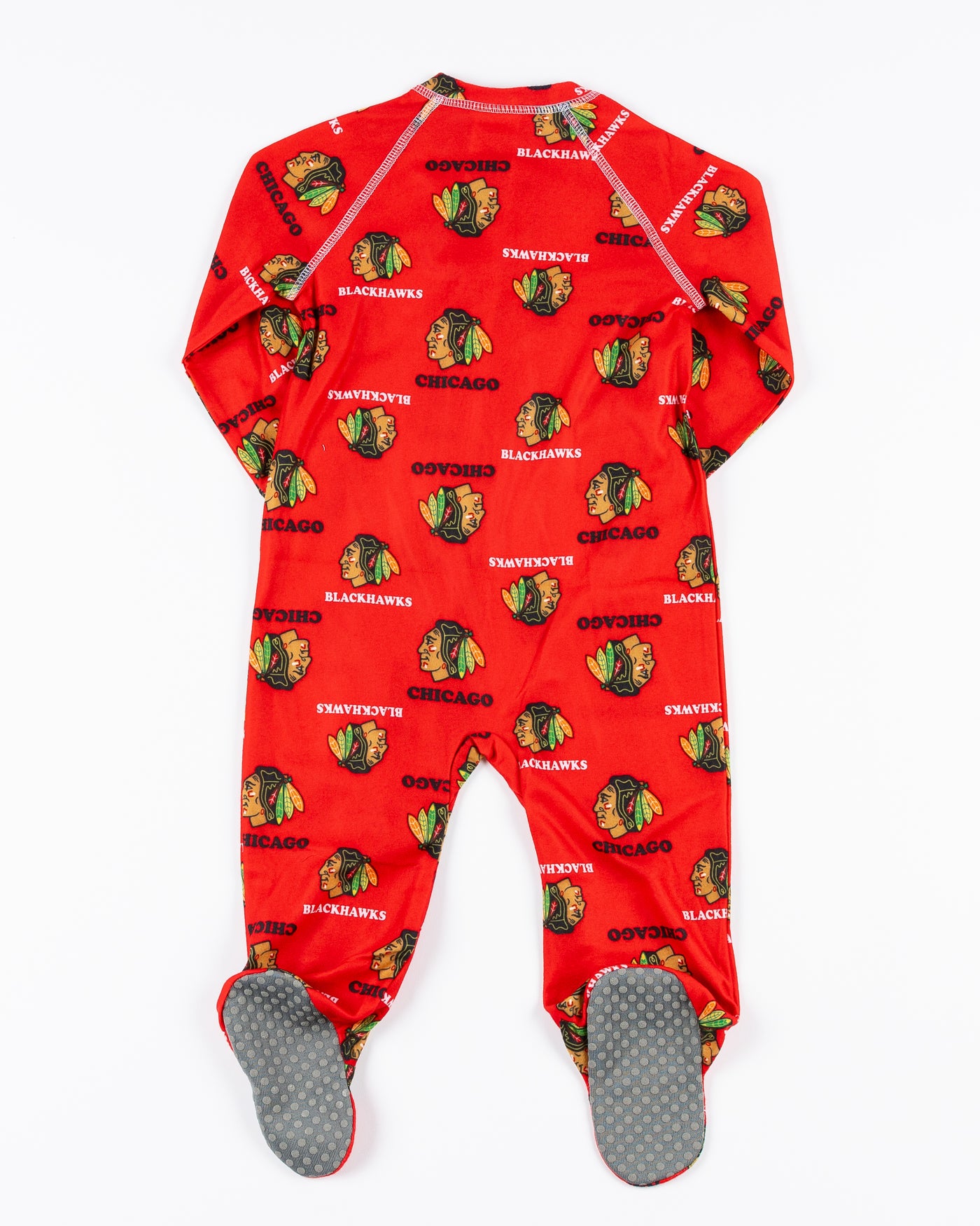 Chicago Blackhawks footed onesie with allover primary logo design - back lay flat