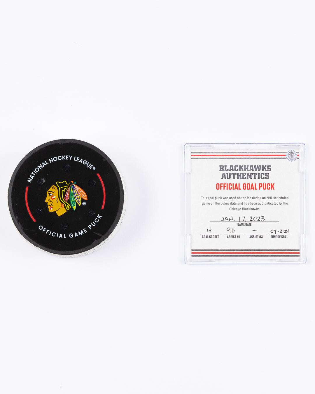 goal puck scored by Seth Jones against Buffalo Sabres 1/17/23 - front lay flat with certificate