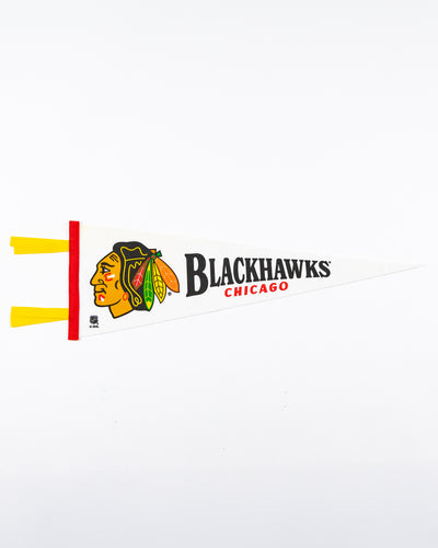 white Oxford Pennant with Chicago Blackhawks primary logo and wordmark - front lay flat