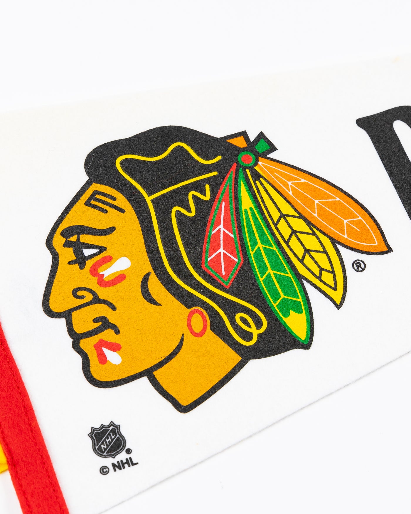 white Oxford Pennant with Chicago Blackhawks primary logo and wordmark - detail lay flat