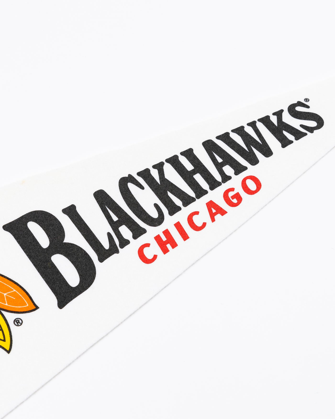 white Oxford Pennant with Chicago Blackhawks primary logo and wordmark - alt detail lay flat