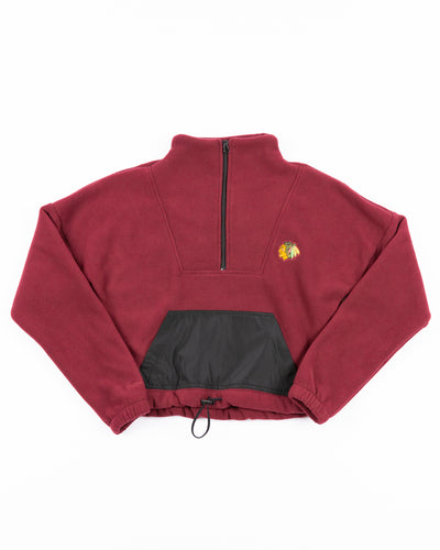 red Mitchell & Ness cropped funnel neck quarter zip with Chicago Blackhawks primary logo on left chest and wordmark on back - front lay flat