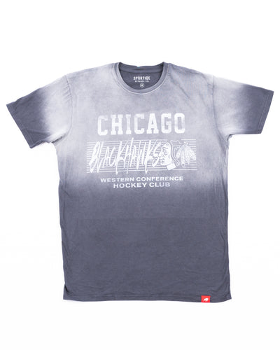 grey and white ombre Sportiqe short sleeve tee with Chicago Blackhawks wordmark and primary logo graphic across chest - front lay flat