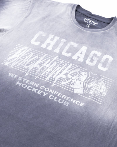grey and white ombre Sportiqe short sleeve tee with Chicago Blackhawks wordmark and primary logo graphic across chest - detail lay flat